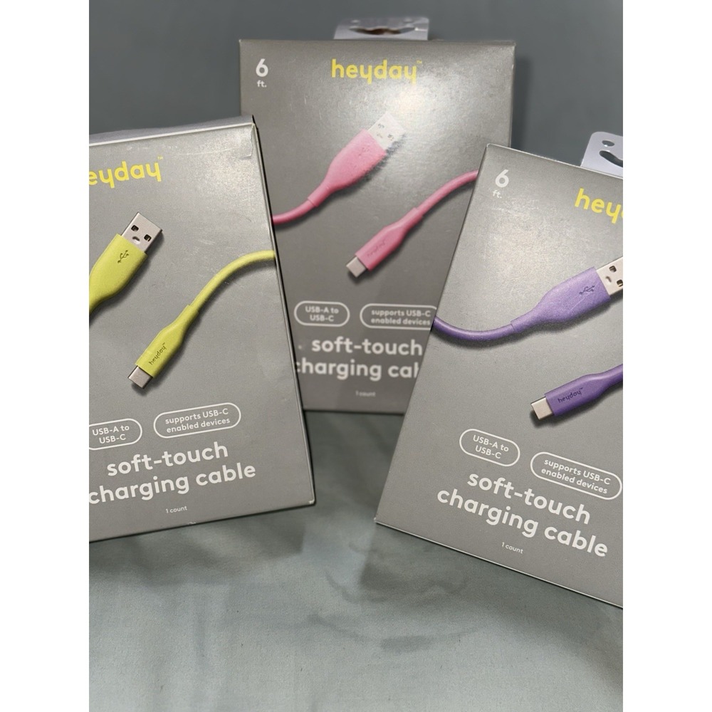 3pc - 6 Ft Heyday Soft-touch Charging Cables USB-A To USB-C - Purple/Pink/Lime